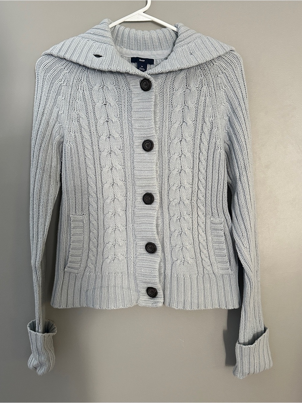 GAP Light Gray Cable-Knit Button-Up Sweater with collar